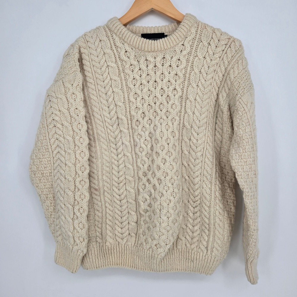 Rue Saint-Patrick 100% Wool Cable Knit Fisherman Sweater Cream Ireland Womens M